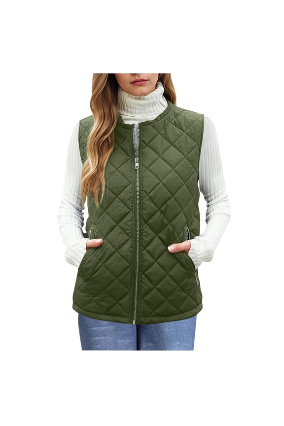 Women's Zip Up Padded Vest Lightweight Sleeveless Down Jacket Round Collar Quilted Gilet Winter Warm Outerwear with Pockets Olive Green