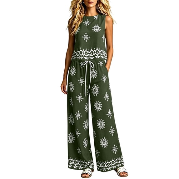 TEAJOPSUU Womens 2 Piece Boho Floral Sets Loose Sleeveless Crew Neck Tank Tops Wide Leg Drawstring Waist Pants with Pockets Macthing Outfits Green