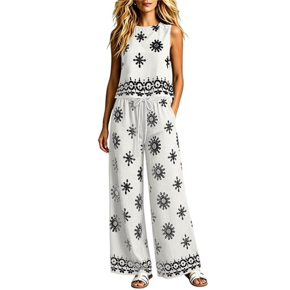TEAJOPSUU Womens 2 Piece Boho Floral Sets Loose Sleeveless Crew Neck Tank Tops Wide Leg Drawstring Waist Pants with Pockets Macthing Outfits White