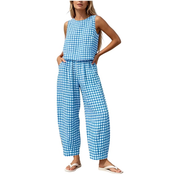 TEAJOPSUU Womens 2 Piece Checkered Printed Sets Summer Plaid Sleeveless Tops Wide Leg Pants Matching Loungewear Set Beach Vacation Outfits Blue