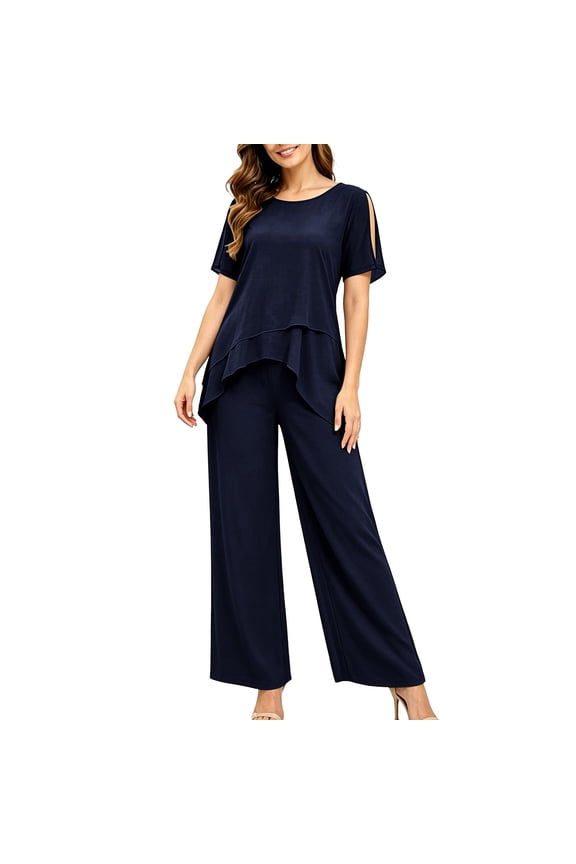 Womens 2 Piece Chiffon Patchwork Sets Breathable Short Sleeve Ruffle Hem Round Neck Tops and Wide Leg Pants Sets Dressy Daily Outfits Navy