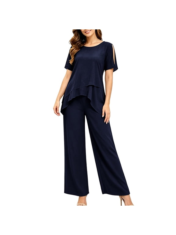 Womens 2 Piece Chiffon Patchwork Sets Breathable Short Sleeve Ruffle Hem Round Neck Tops and Wide Leg Pants Sets Dressy Daily Outfits Navy