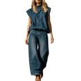 thumbnail image 1 of TEAJOPSUU Womens 2 Piece Denim Sets Sleeveless Cap Sleeve Mock Neck Tank Tops High Waist Wide Leg Jean Pants with Pockets Sets Casual Daily Outfits Blue, 1 of 5