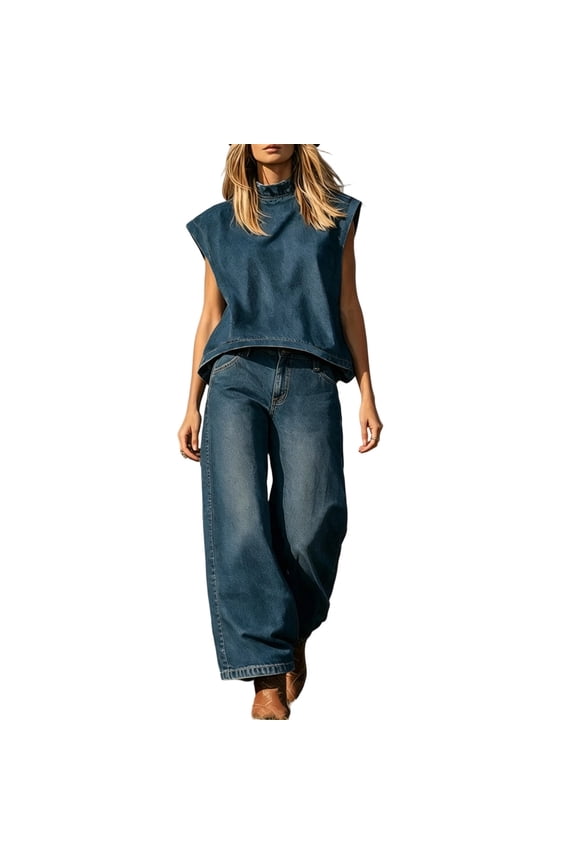 Womens 2 Piece Denim Sets Sleeveless Cap Sleeve Mock Neck Tank Tops High Waist Wide Leg Jean Pants with Pockets Sets Casual Daily Outfits Blue