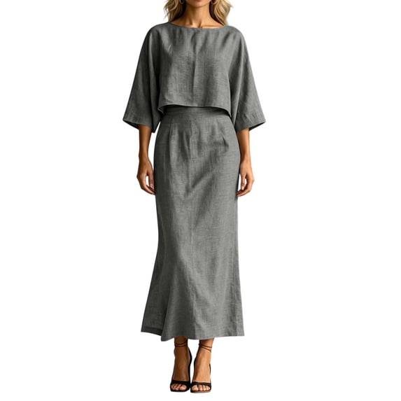 TEAJOPSUU Womens 2 Piece Outfit Sets 3/4 Sleeve Crew Neck Crop Top and Back Zipper A Line Maxi Skirt Sets Casual Fall Summer Matching Wear Gray