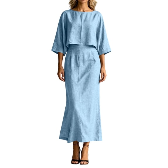 TEAJOPSUU Womens 2 Piece Outfit Sets 3/4 Sleeve Crew Neck Crop Top and Back Zipper A Line Maxi Skirt Sets Casual Fall Summer Matching Wear Sky Blue