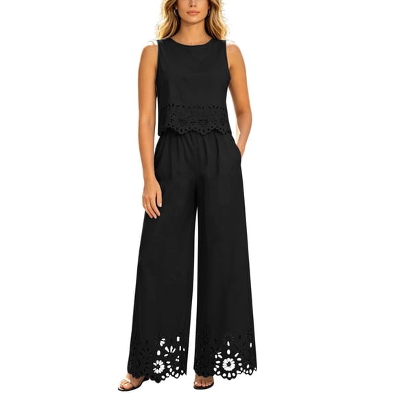 TEAJOPSUU Womens 2 Piece Sets Matching Lace Hem Outfits Sleeveless Crew Neck Crop Tank Tops High Waisted Wide leg Pants Sets Casual Daily Outfits Black