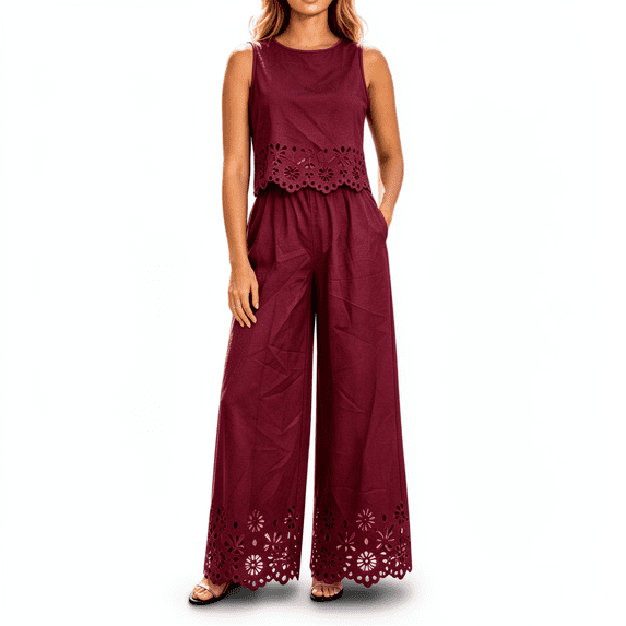 TEAJOPSUU Womens 2 Piece Sets Matching Lace Hem Outfits Sleeveless Crew Neck Crop Tank Tops High Waisted Wide leg Pants Sets Casual Daily Outfits Burgundy