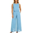 thumbnail image 1 of TEAJOPSUU Womens 2 Piece Sets Matching Lace Hem Outfits Sleeveless Crew Neck Crop Tank Tops High Waisted Wide leg Pants Sets Casual Daily Outfits Light Blue, 1 of 7