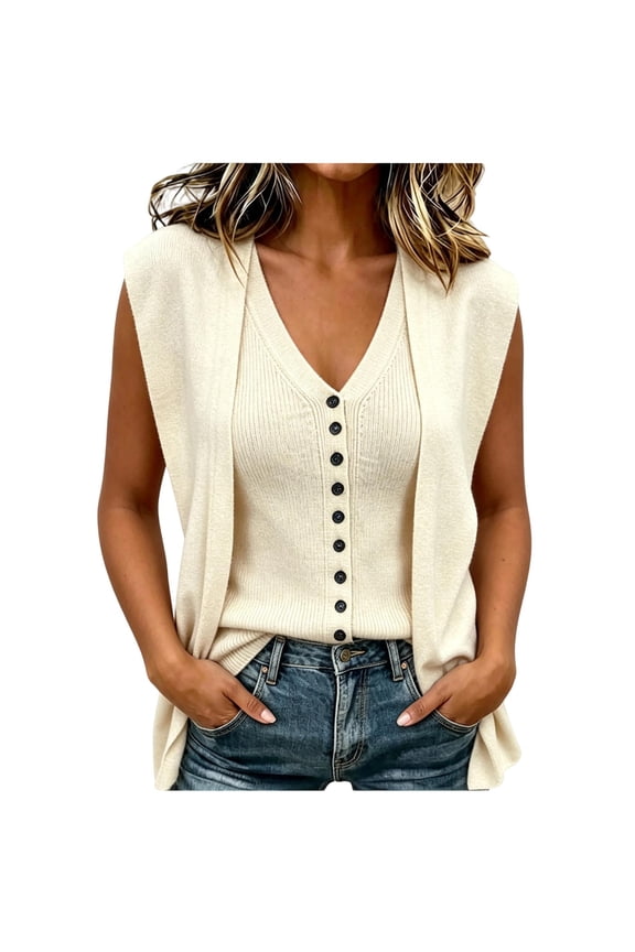 Womens 2 Piece Sets Sleeveless V Neck Button Down Ribbed Knit Tank Tops Sleeveless Cap Sleeve Cardigans Sets Solid Matching Outfits Beige