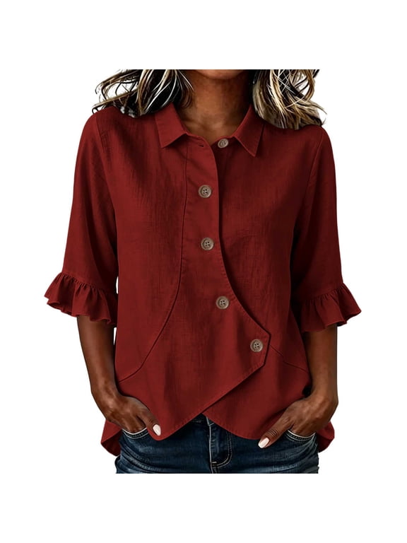 Womens Asymmetrical Button Down Shirts 3/4 Sleeve Ruffle Cuffed Collared Shirts Relaxed Fit Casual Trendy Blouses Burgundy