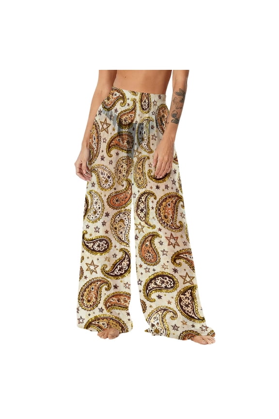 Womens Bohemian Beach Pants Lightweight Sheer Sun Protection Chiffon Beach Pants See Through Bikini Bottom Swimsuit Cover Up Wide Leg Lounge Pants R-Beige