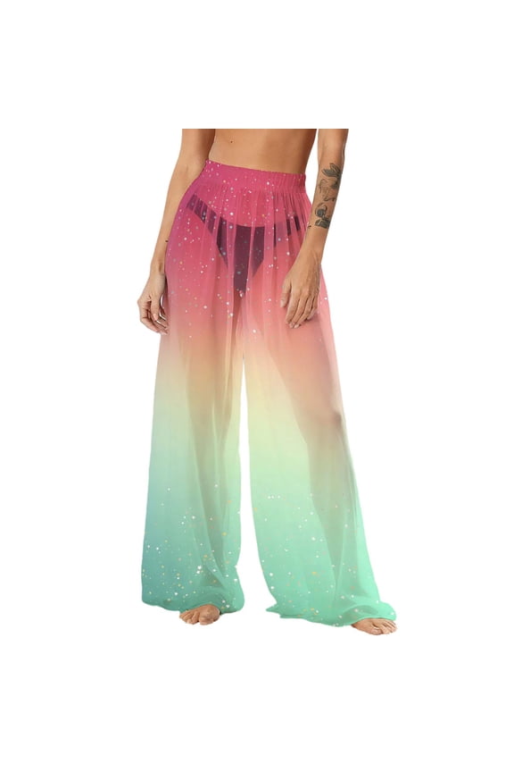 Womens Boho Chiffon Beach Pants Sheer Bikini Bottoms Gradient Color See Through Lightweight Spf Sun Protection Wide Leg Palazzo Pant M-Multicolor
