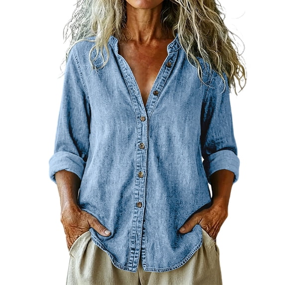 TEAJOPSUU Womens Button Down Denim Shirts Long Sleeve V Neck Oversized Jean Shacket Casual Relaxed Fit Curved Hem Jacket Shirts Light Blue
