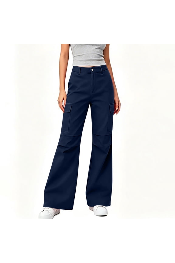Womens Button Fly Bootcut Cargo Pants Solid High Waist Wide Leg Side Cargo Pockets Trousers with Pockets Casual Winter Wear Navy