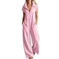 thumbnail image 1 of TEAJOPSUU Womens Cap Sleeve Collared Jumpsuits Zip Front Wide Leg Long Rompers with Pockets Turn Down Collar Summer Casual Daily Wear Pink, 1 of 6