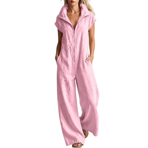 TEAJOPSUU Womens Cap Sleeve Collared Jumpsuits Zip Front Wide Leg Long Rompers with Pockets Turn Down Collar Summer Casual Daily Wear Pink