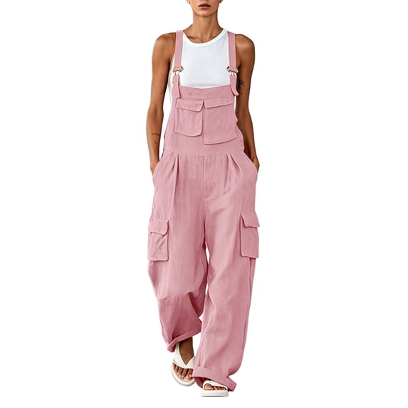 TEAJOPSUU Womens Cargo Overalls Wide Leg Cuff Hem Jumpsuits Adjustable Strap Bib Pants with Pockets Casual Streetwear Pink