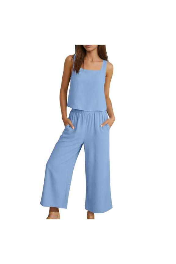 Womens Casual 2 Piece Set Sleeveless Square Neck Tank Crop Tops with 7/8 Length Wide Leg Pants Soft Breathable Fashion Loungewear B-Blue