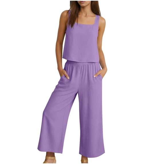 TEAJOPSUU Womens Casual 2 Piece Set Sleeveless Square Neck Tank Crop Tops with 7/8 Length Wide Leg Pants Soft Breathable Fashion Loungewear C-Purple