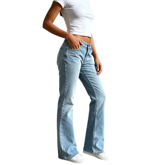 TEAJOPSUU Womens Casual Flare Jeans with Pockets Low Rise Button Fly Bootcut Denim Pants Loose Fit Trousers Streetwear Everyday Light Blue