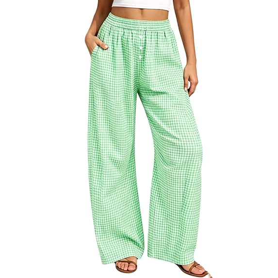 TEAJOPSUU Womens Casual Plaid Pants Wide Leg Elastic Waist Button Detail Trousers with Pockets Gingham Trendy Daily Wear Green