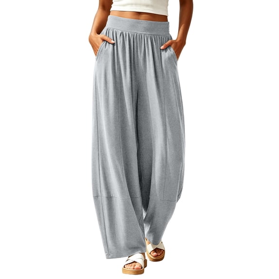 TEAJOPSUU Womens Casual Pleated Wide Leg Pants with Pockets Flowy High Waisted Elastic Palazzo Pants Comfy Soft Solid Color Trouses Gray