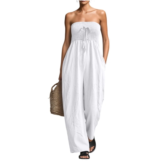 TEAJOPSUU Womens Casual Summer Jumpsuits Sleeveless Strapless Off Shoulder Smocked Wide Leg Rompers with Pockets White