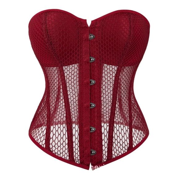 TEAJOPSUU Womens Corset Tops Sleeveless Built In Bra Bustier Overbust Tank Top Spicy Strapless Sheer Lace Mesh Blouses Burgundy
