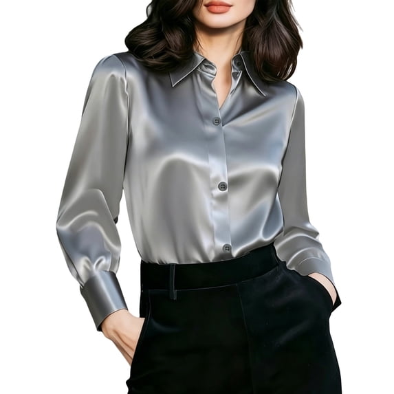 TEAJOPSUU Womens Cotton Satin Tops Silky Long Sleeve Collared Button Down Shirt Elegant Blouses for Office Work Business Casual Professional Gray