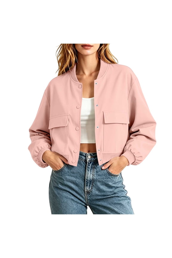 Womens Cropped Bomber Jackets Long Sleeve Button Down Varsity Jackets Shackets with Pockets Pink