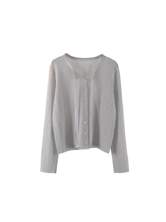 Womens Cropped Button Front Cardigans Loose Thin Knit Long Sleeve Sweaters Trendy Cotton Blend Round Neck Summer Cardigans Gray