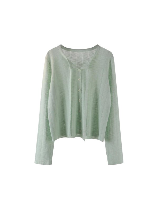 Womens Cropped Button Front Cardigans Loose Thin Knit Long Sleeve Sweaters Trendy Cotton Blend Round Neck Summer Cardigans Green