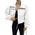 thumbnail image 1 of TEAJOPSUU Womens Cropped Jacket Trendy Snap Zip Up Long Sleeve Drawstring Waist Jackets with Flap Pockets Fashion Streetwear Coats Blouses White, 1 of 4