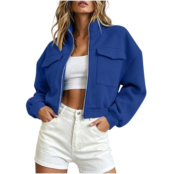 TEAJOPSUU Womens Cropped Zip up Jackets Drop Shoulder Long Sleeve Stand Collar Flap Pockets Short Length Jackets for Streetwear Travel Blue