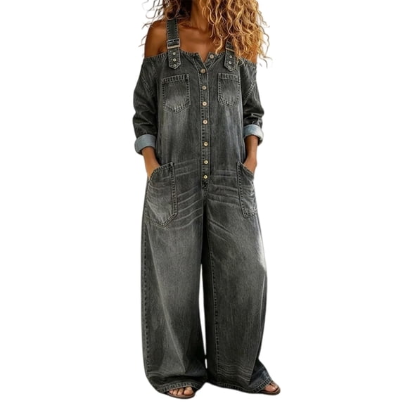 TEAJOPSUU Womens Denim Jumpsuits with Pockets Off the Shoulder Long Sleeve Squared Neck Wide Leg Loose Jean Jumpsuits with Suspenders Black