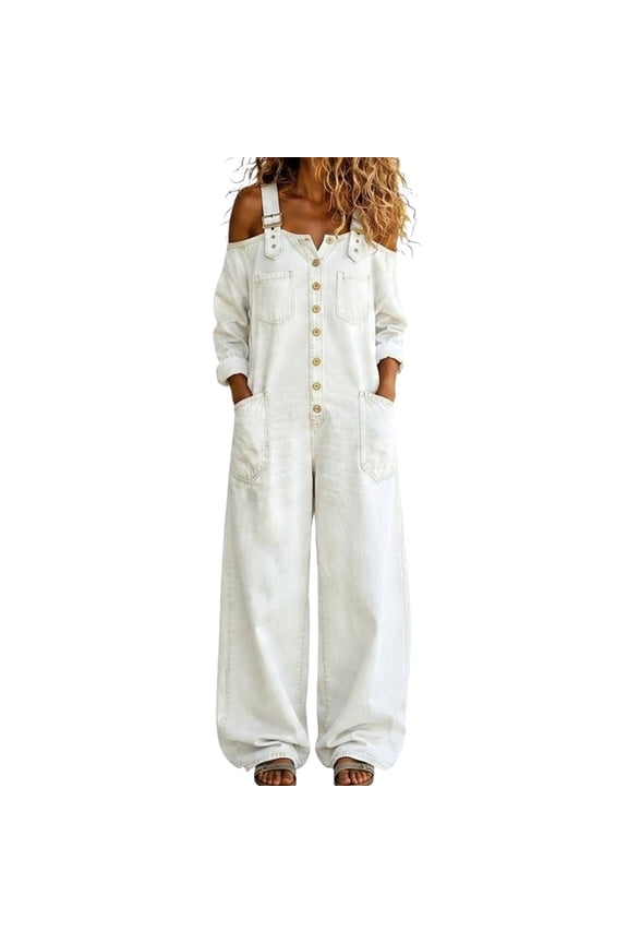 Womens Denim Jumpsuits with Pockets Off the Shoulder Long Sleeve Squared Neck Wide Leg Loose Jean Jumpsuits with Suspenders White