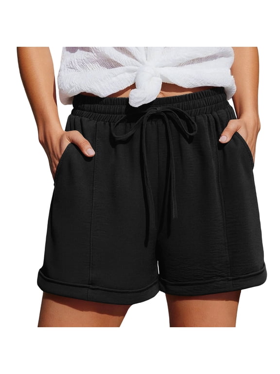 Womens Drawstring Sweat Shorts Drawstring Elastic Waist Cuffed Hem Shorts with Pockets Loose Fit Casual Summer Beach Shorts Black