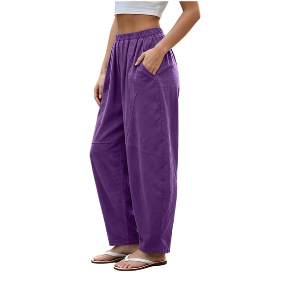 TEAJOPSUU Womens Elastic Waist Harem Pants Cotton Blend Casual Tapered Baggy Wide Leg Trousers with Pockets Summer Daily Beach Wear Purple