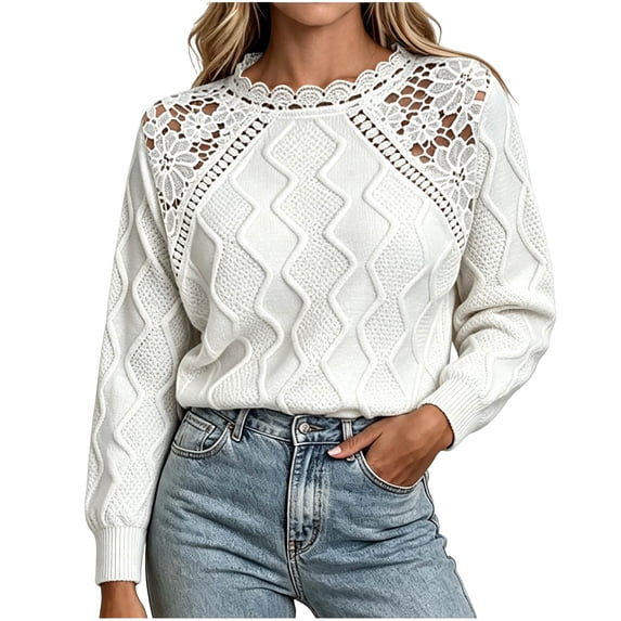 TEAJOPSUU Womens Fall Sweaters Lace Shoulder Cable Knit Sweaters Crew Neck Long Sleeve Textured Casual Pullover Tops White