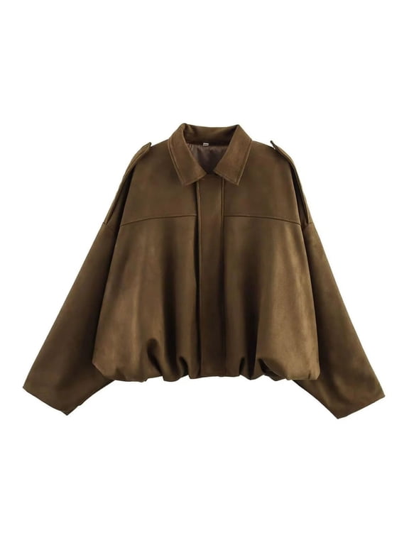Womens Faux Suede Bomber Jackets Casual Fall Long Sleeve Zip Up Collared Cropped Coat Motorcycle Streetwear Outerwear A-Brown
