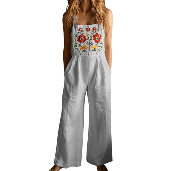 TEAJOPSUU Womens Floral Embroidered Overalls Square Neck Wide Leg Jumpsuits Spaghetti Strap Long Romper with Pockets Summer Beach Casual Wear Gray