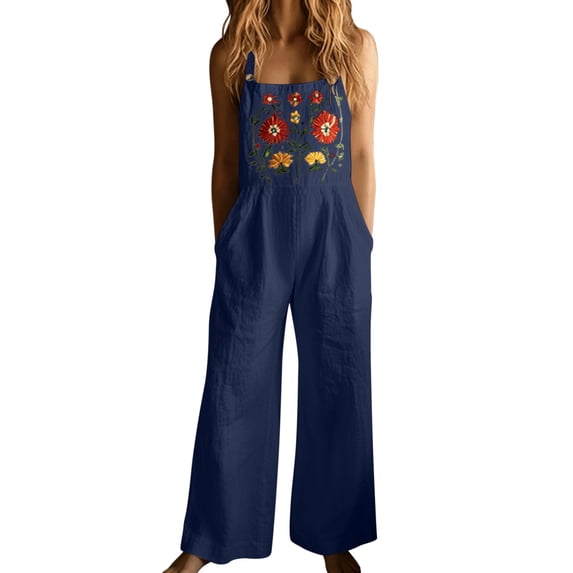 TEAJOPSUU Womens Floral Embroidered Overalls Square Neck Wide Leg Jumpsuits Spaghetti Strap Long Romper with Pockets Summer Beach Casual Wear Navy