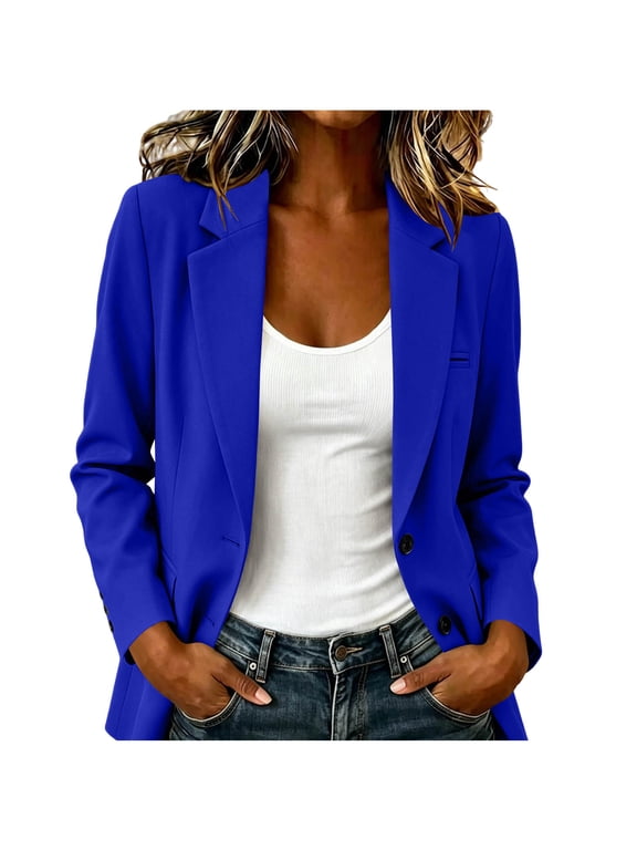 Womens Formal Notch Lapel Blazers Long Sleeve Open Front Button Down Blazers Casual Work Office Suit Tops Blouses B-Blue