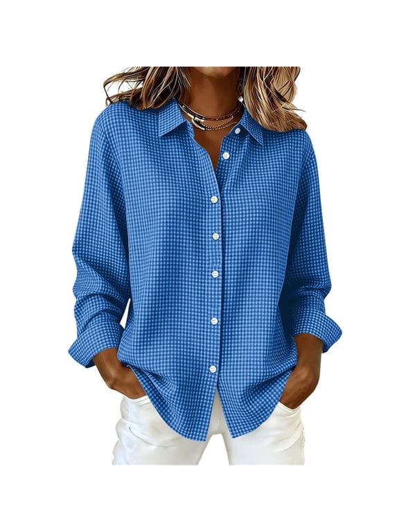 Womens Gingham Check Shirts Long Sleeve Button Down Shirts Relaxed Fit Collared Casual Plaid Blouses for Everyday Office Work Navy