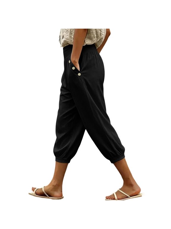 Womens High Waist Capri Jooger Pants Wide Elastic Wasit Tapered Cropped Capris with Pockets Summer Beach Casual Wear B-Black