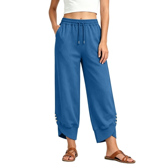 TEAJOPSUU Womens High Waist Cropped Pants Drawstring Wide Leg Cropped Palazzo Pants with Pocket Causal Thick Winter Clothing Blue