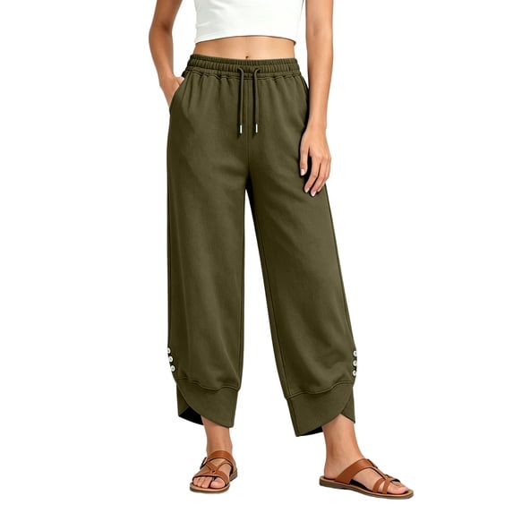 TEAJOPSUU Womens High Waist Cropped Pants Drawstring Wide Leg Cropped Palazzo Pants with Pocket Causal Thick Winter Clothing Olive Green