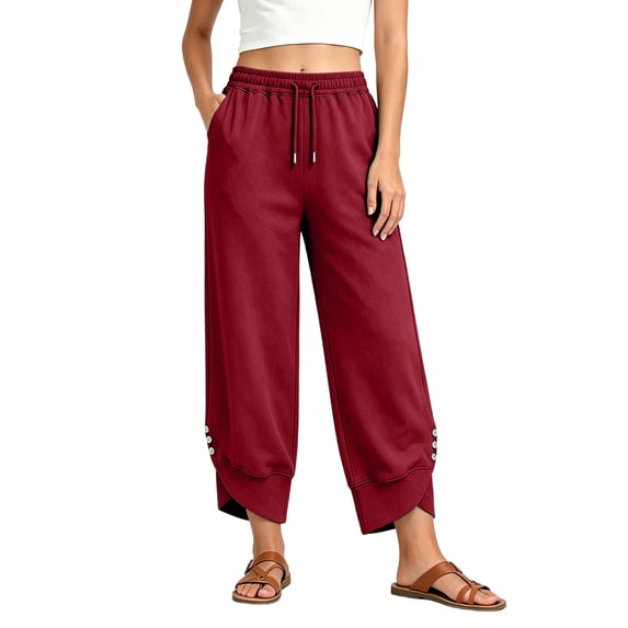 TEAJOPSUU Womens High Waist Cropped Pants Drawstring Wide Leg Cropped Palazzo Pants with Pocket Causal Thick Winter Clothing Red