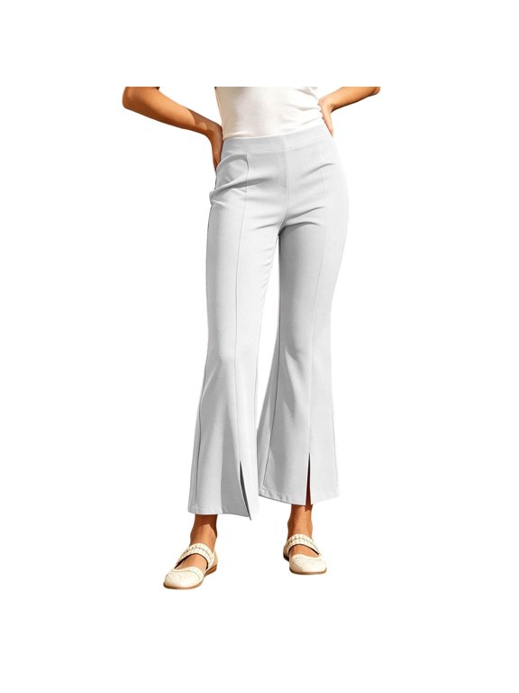 Womens High Waist Flare Cropped Pants Split Hem Trousers with Pockets Business Casual Work Office Wear White